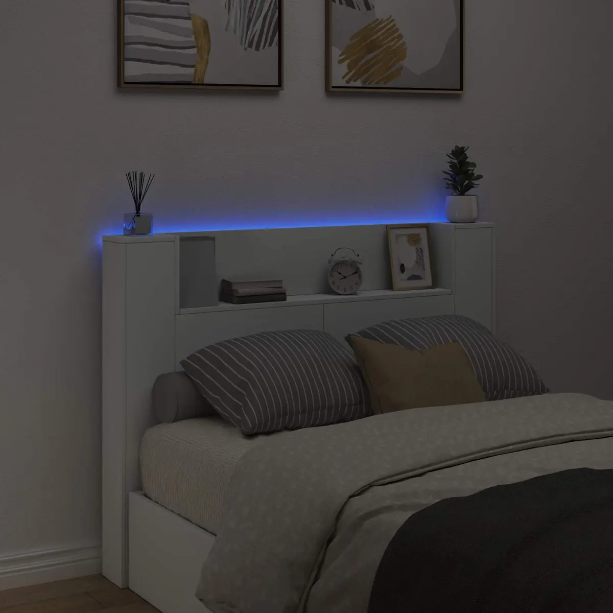 Storage Headboard RGB LED Lights Bedroom Shelf White Engineered Wood