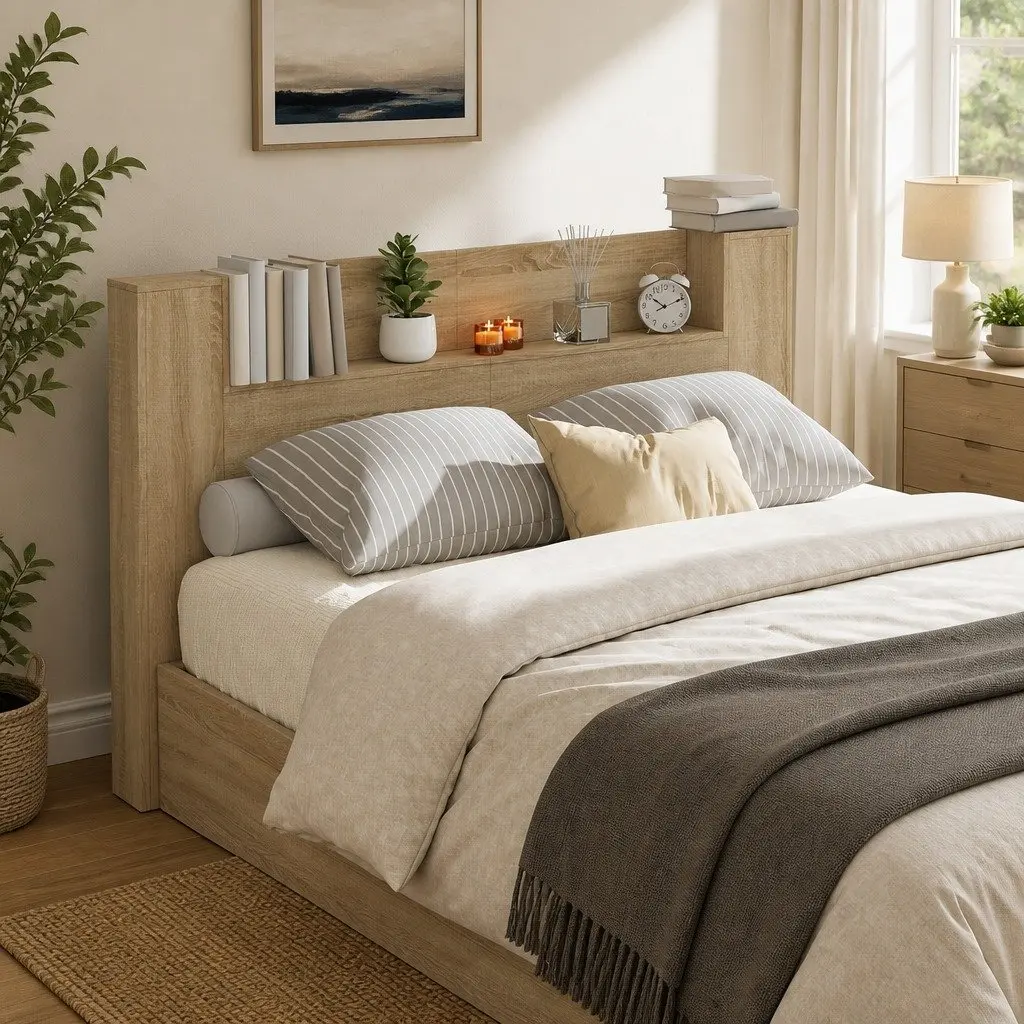 Storage Headboard with LED Lights Engineered Wood Bedroom Furniture Brown