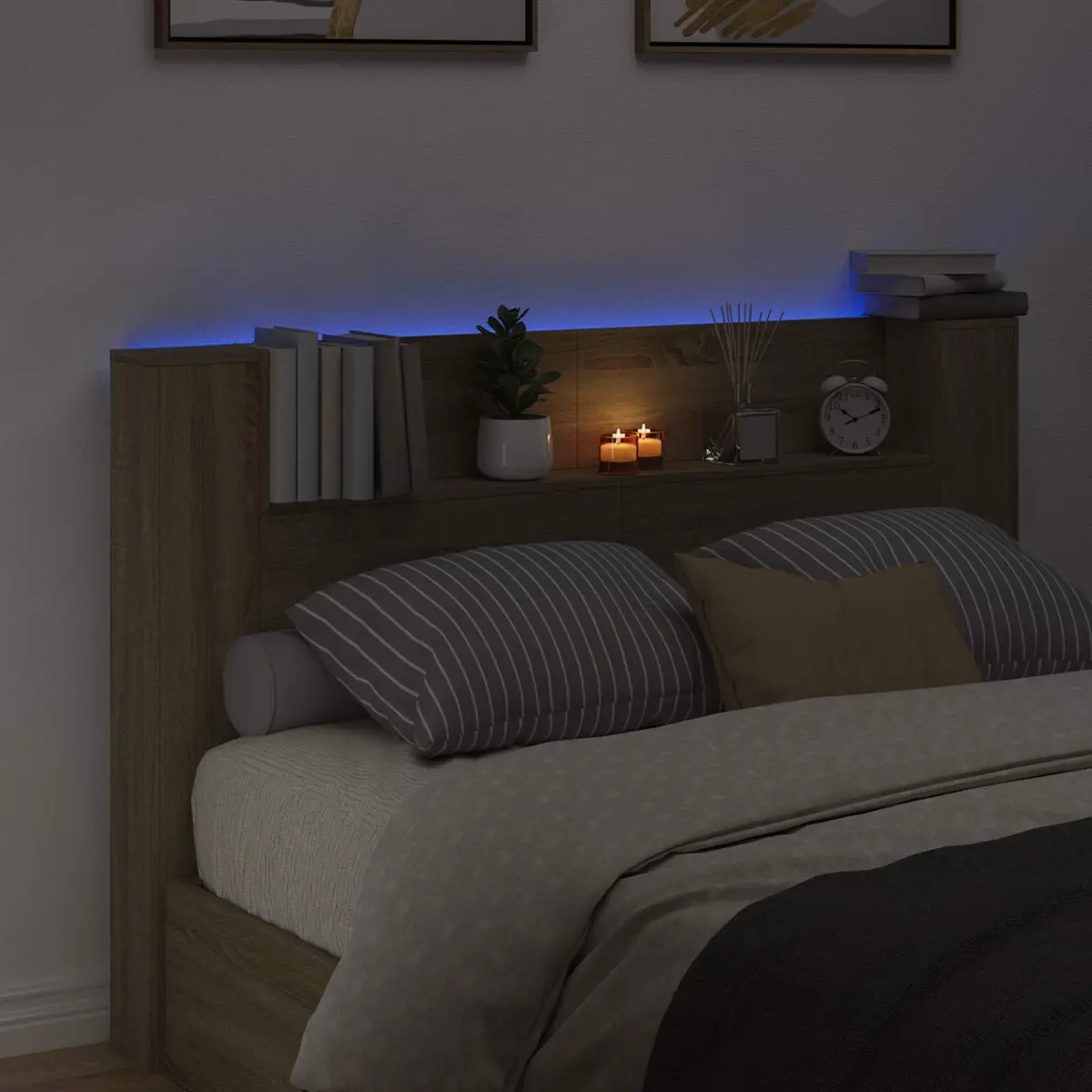 Storage Headboard with LED Lights Engineered Wood Bedroom Furniture Brown