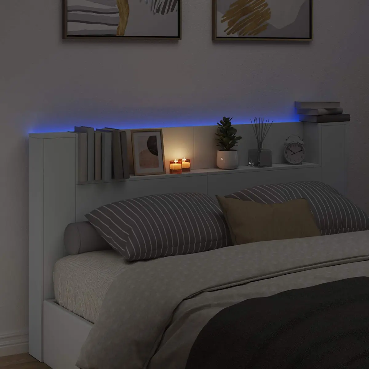 White Storage Headboard with LED Lighting