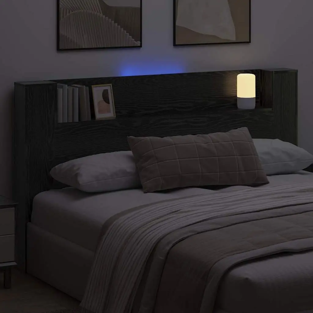 Storage Headboard with RGB LED Lights for Bedroom Furniture Black Engineered Wood