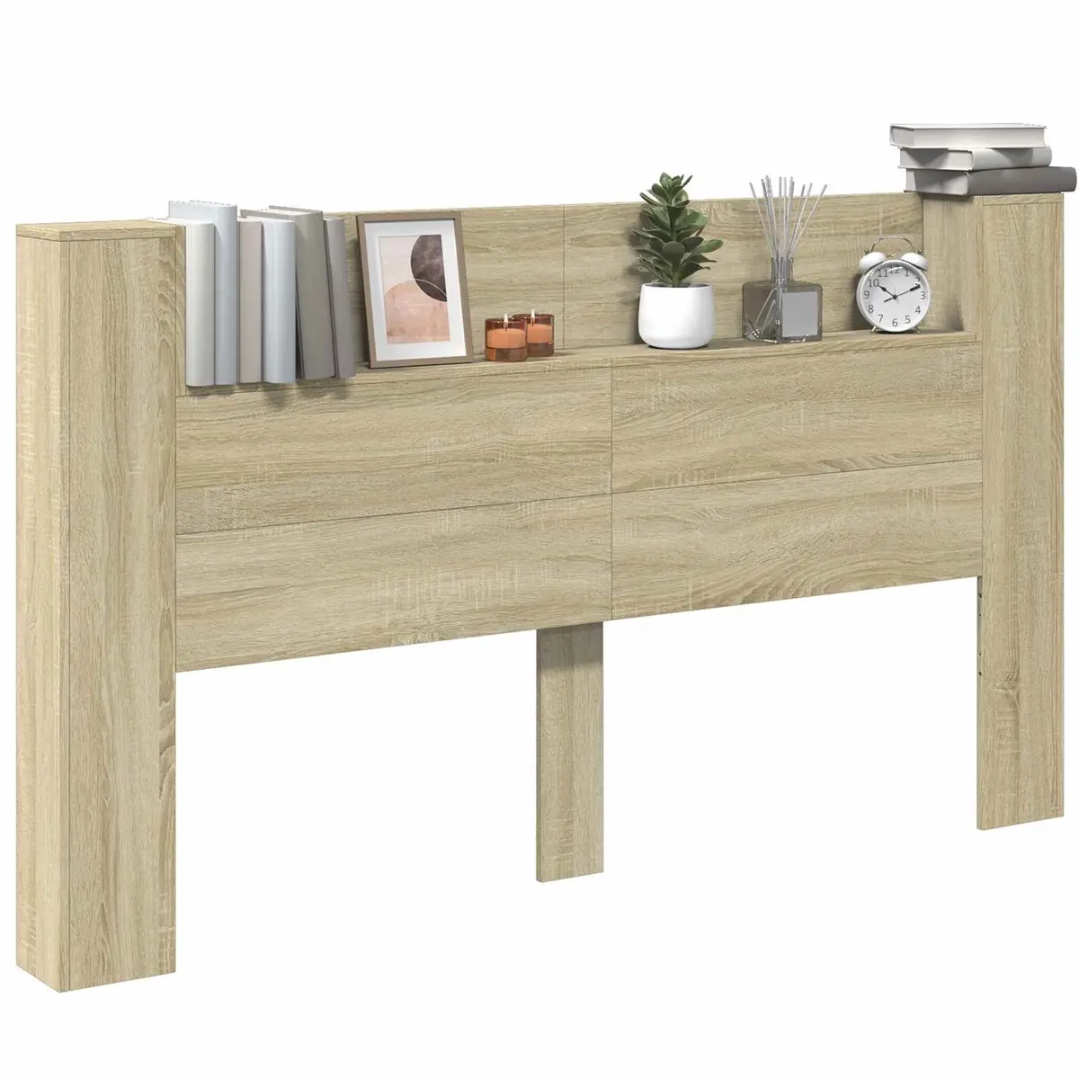 Storage Headboard with LED Lights Brown Engineered Wood Bedroom Shelf