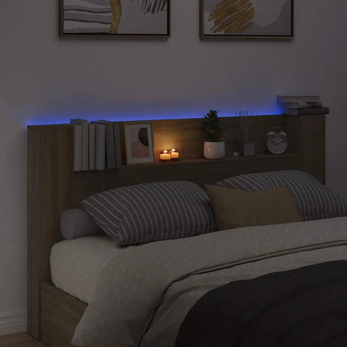 Storage Headboard with LED Lights Brown Engineered Wood Bedroom Shelf