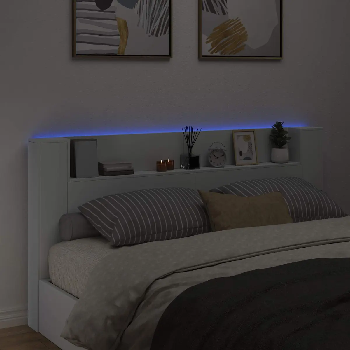 Storage Headboard with RGB LED Lights White Engineered Wood Bedroom Shelf