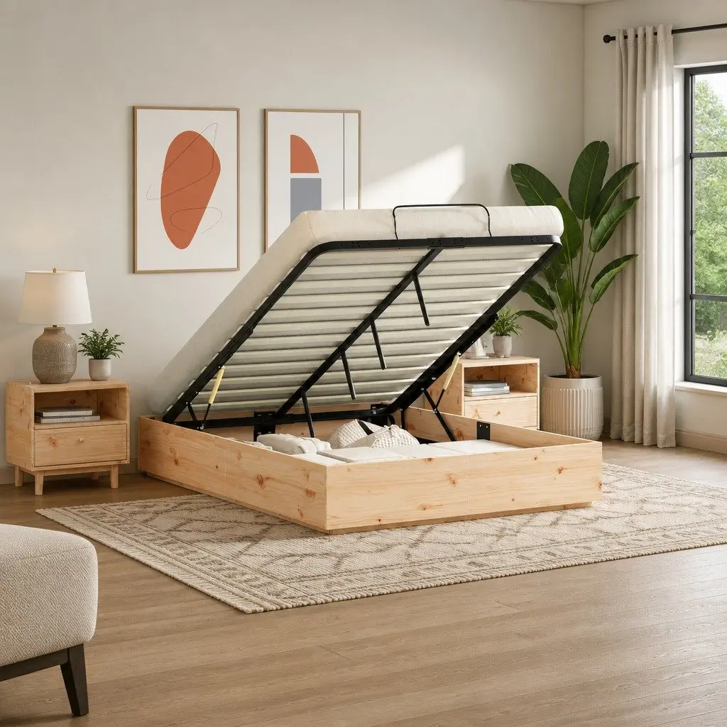 Pine Wood Ottoman Bed Frame Natural 135 x 190 cm with Storage Hydraulic Lift
