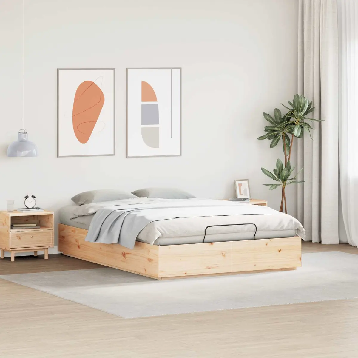 Pine Wood Ottoman Bed Frame Natural 135 x 190 cm with Storage Hydraulic Lift
