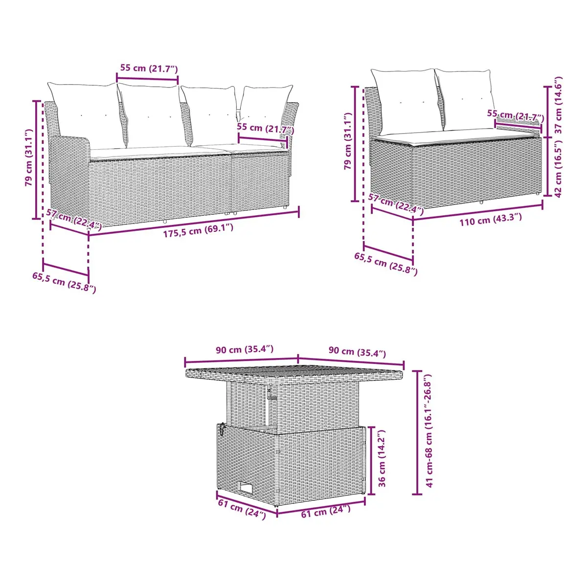 Outdoor Furniture Set 4 Piece Patio Lounge Sofa with Cushions Grey Rattan