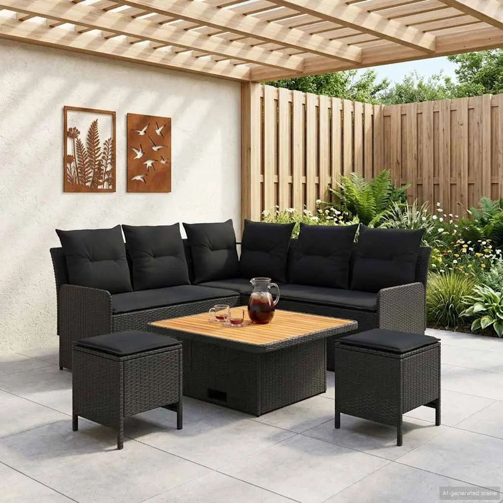 Outdoor Garden Furniture Set 6 Piece Black PE Rattan Patio Lounge with Cushions
