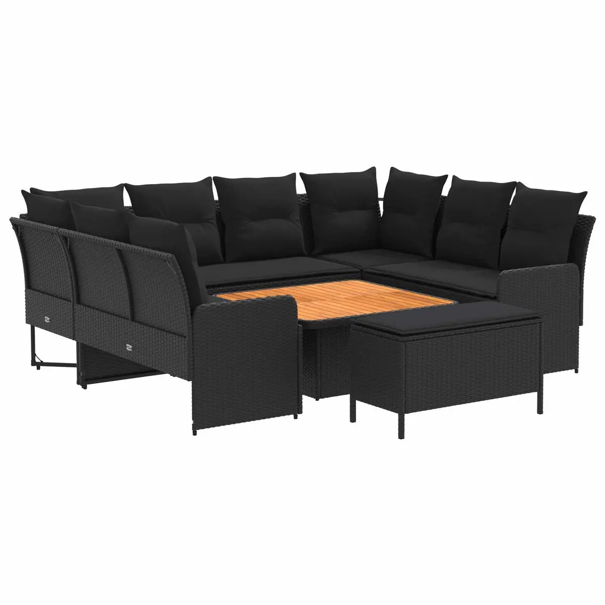 7 Piece Outdoor Lounge Set with Cushions Black PE Rattan and Solid Acacia Wood for Patios Gardens Decks and Living Rooms