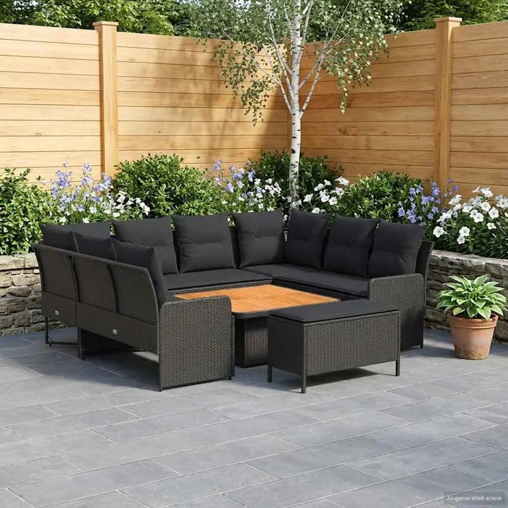 7 Piece Outdoor Lounge Set with Cushions Black PE Rattan and Solid Acacia Wood for Patios Gardens Decks and Living Rooms
