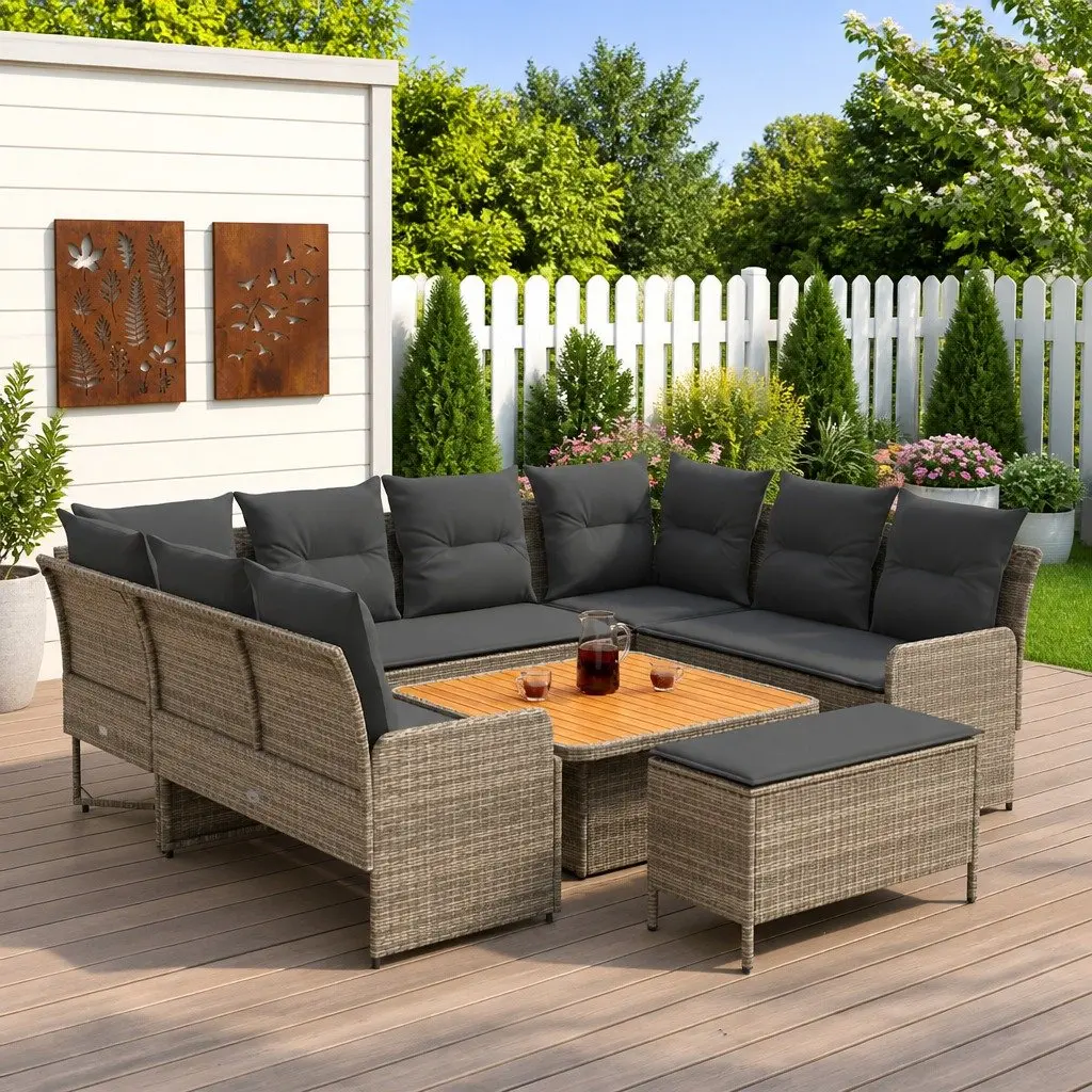 Grey 7 Piece Sofa Set Furniture for Indoor Outdoor Use with Cushions and Acacia Wood Frame