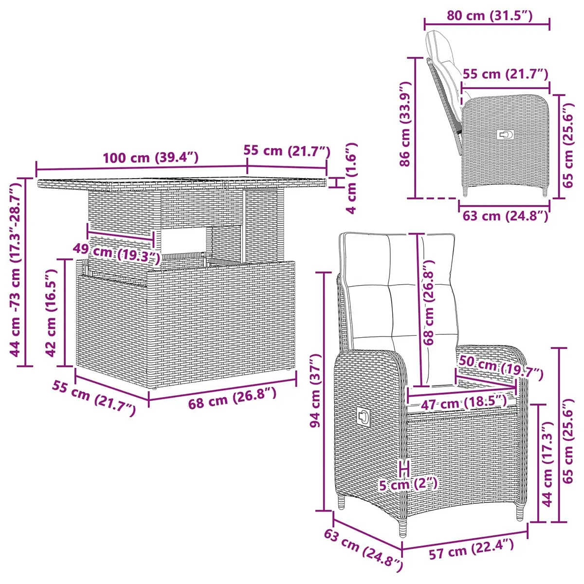 Outdoor Dining Set 3 Pieces Adjustable Lounge Black Poly Rattan Garden Furniture