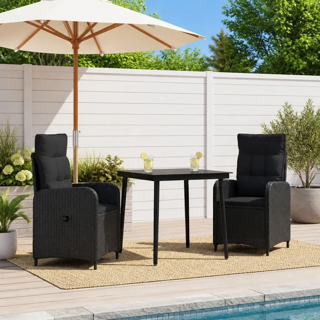 Outdoor Sofa Table Set 3 Piece Black PE Rattan Steel Frame Patio Furniture