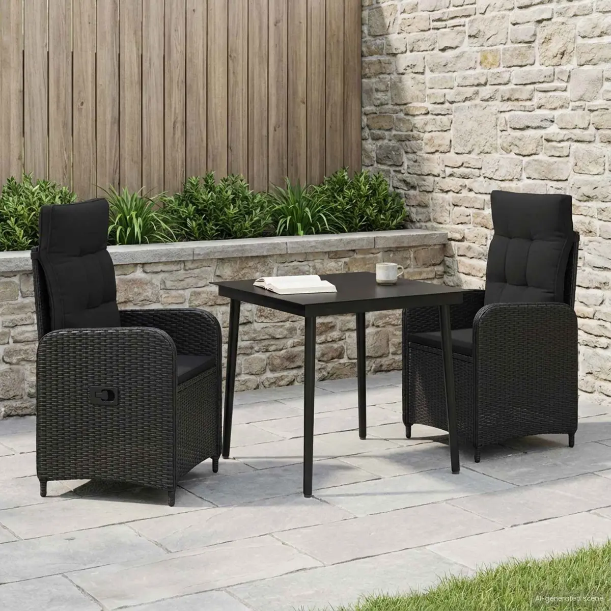 Outdoor Sofa Table Set 3 Piece Black PE Rattan Steel Frame Patio Furniture