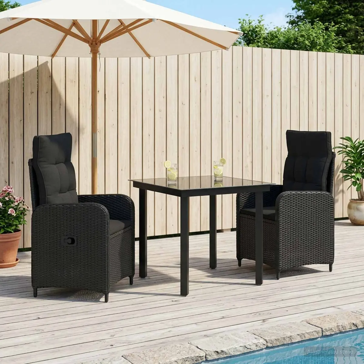 Garden Dining Set 3pcs Adjustable Height Black PE Rattan Outdoor Table and Chairs