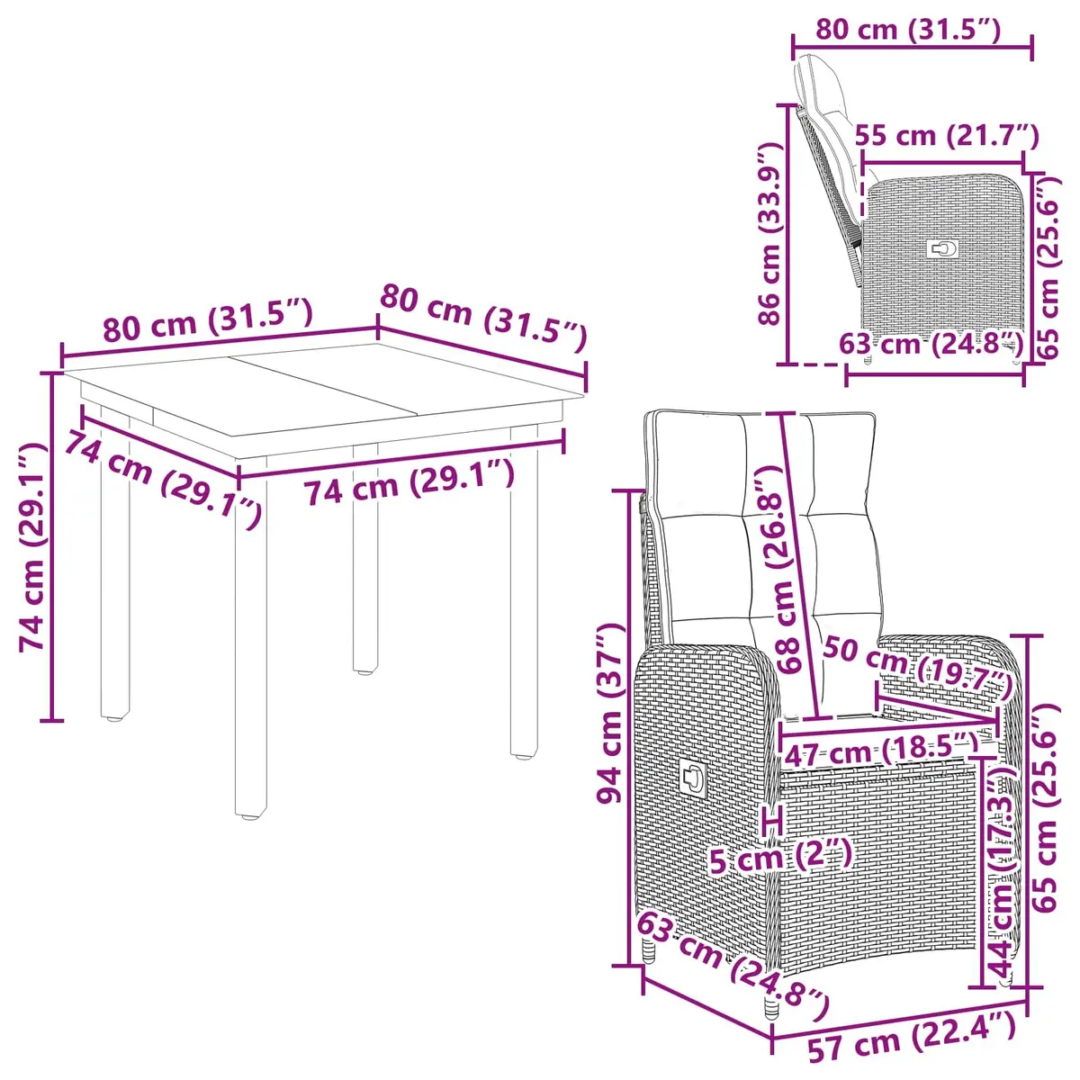 Garden Dining Set 3pcs Adjustable Height Black PE Rattan Outdoor Table and Chairs