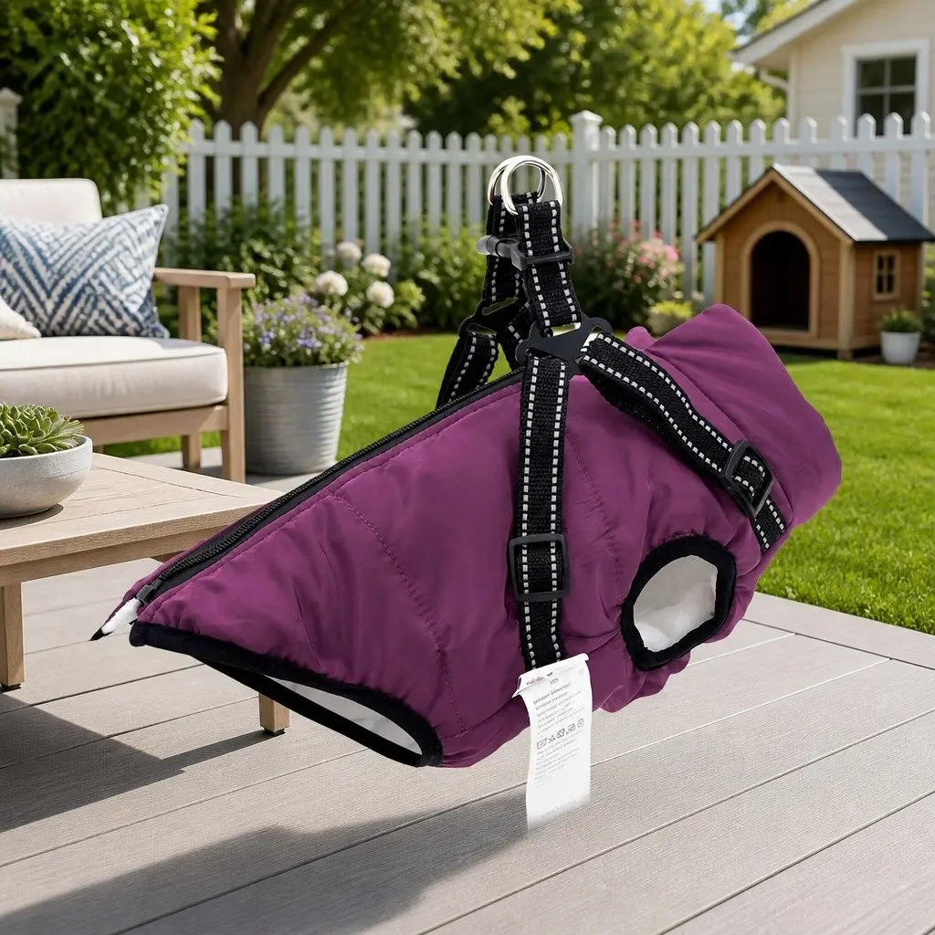 Dog Coat Water-Resistant Windproof Adjustable Fleece Polyester Purple Size L40