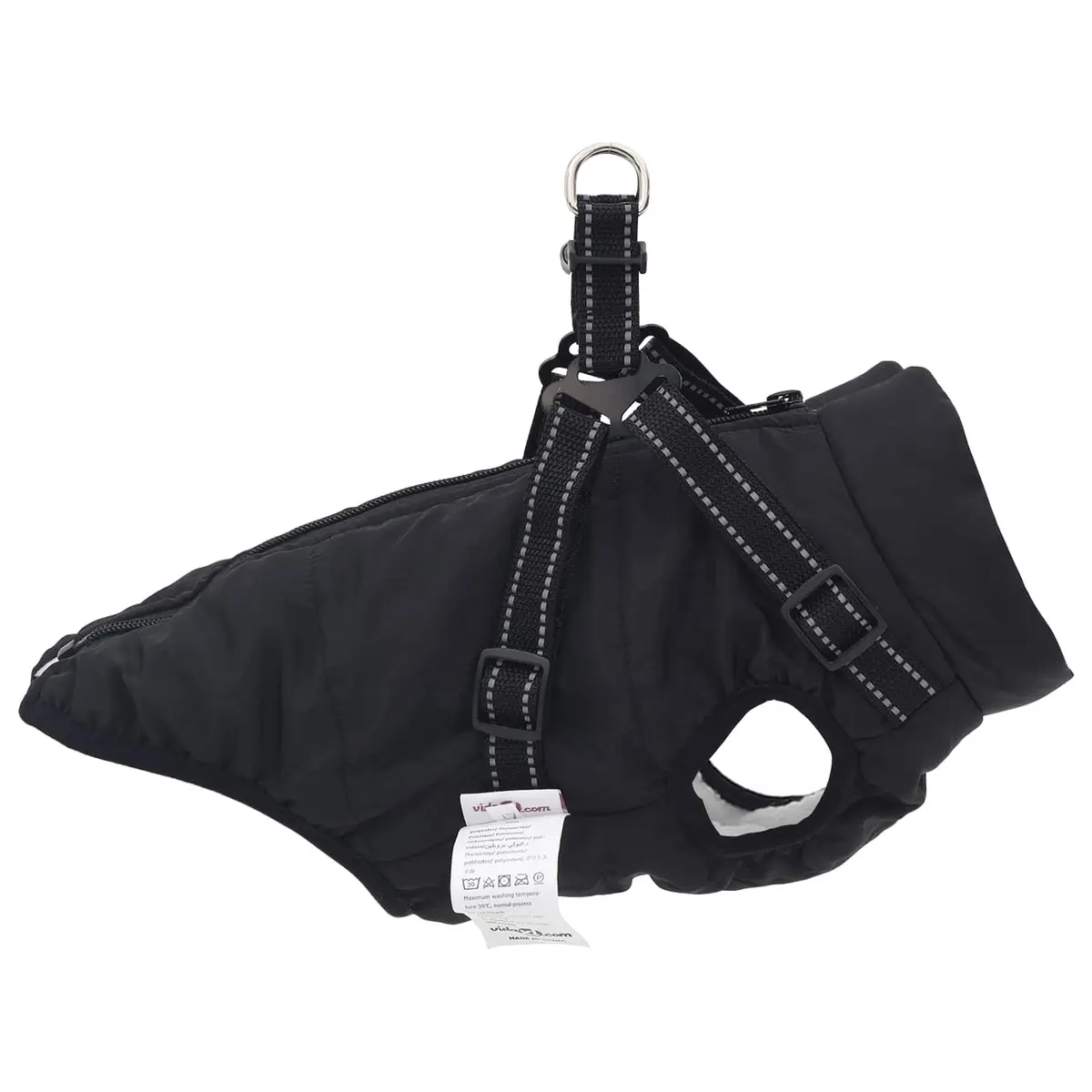 Dog Coat Waterproof Windproof Adjustable Reflective Black Size L24 Fleece Polyester
