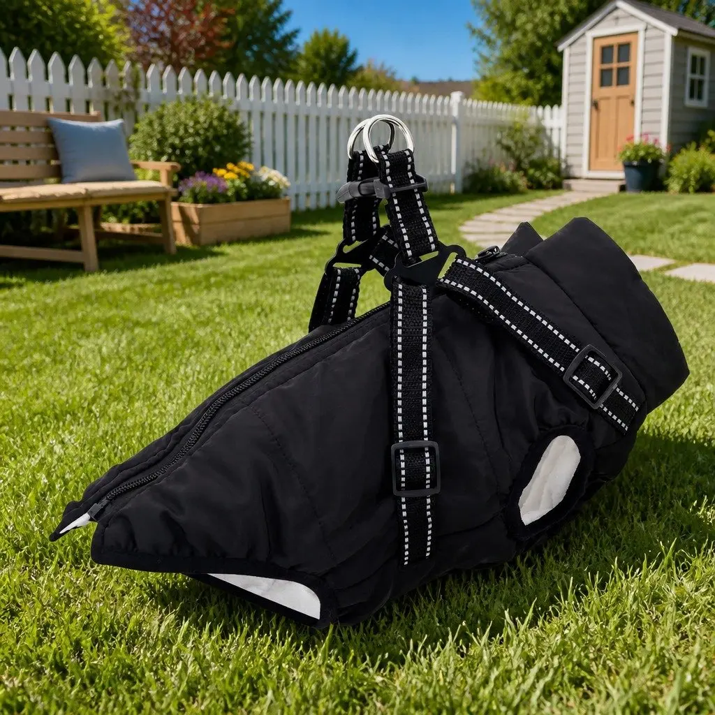 Dog Coat Outdoor Winter Warm L28 Black Fleece Polyester Adjustable Reflective