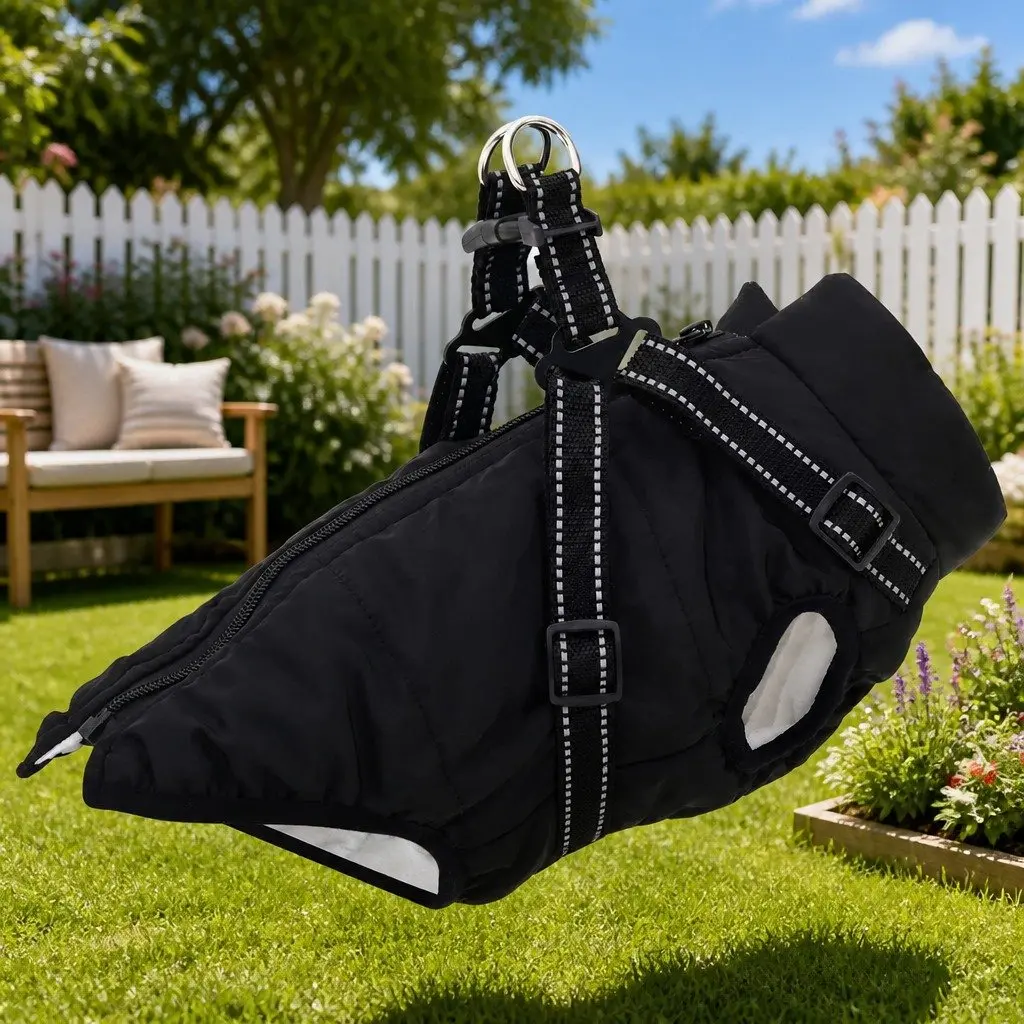 Dog Coat Outdoor Winter Warm L36 Black Fleece Polyester Adjustable Harness