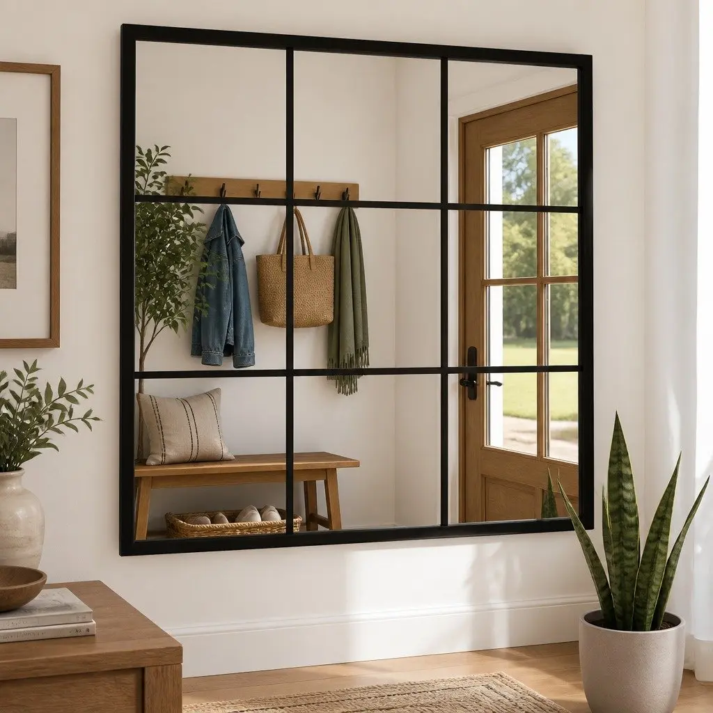 Wall Mirror Black 60x60cm Metal Frame Hook Mount Home Decor
