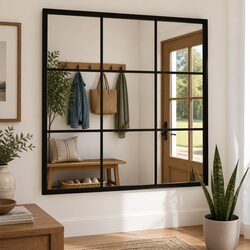 Wall Mirror Black 60x60cm Metal Frame Hook Mount Home Decor Bedroom Living Room