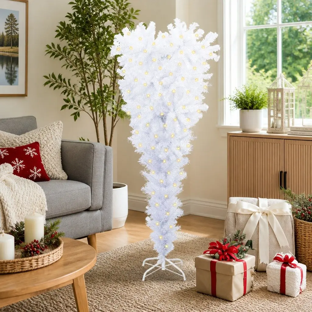 Artificial Christmas Tree 150cm White Cone-shaped PVC with LED Lights Holiday Decor
