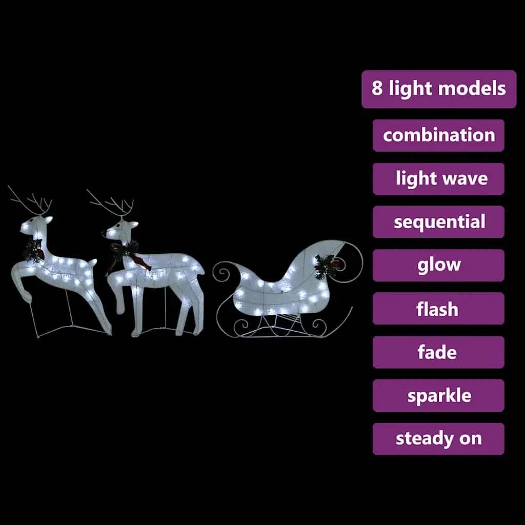 Outdoor Christmas Decoration Reindeer Sleigh 60 LED Lights White