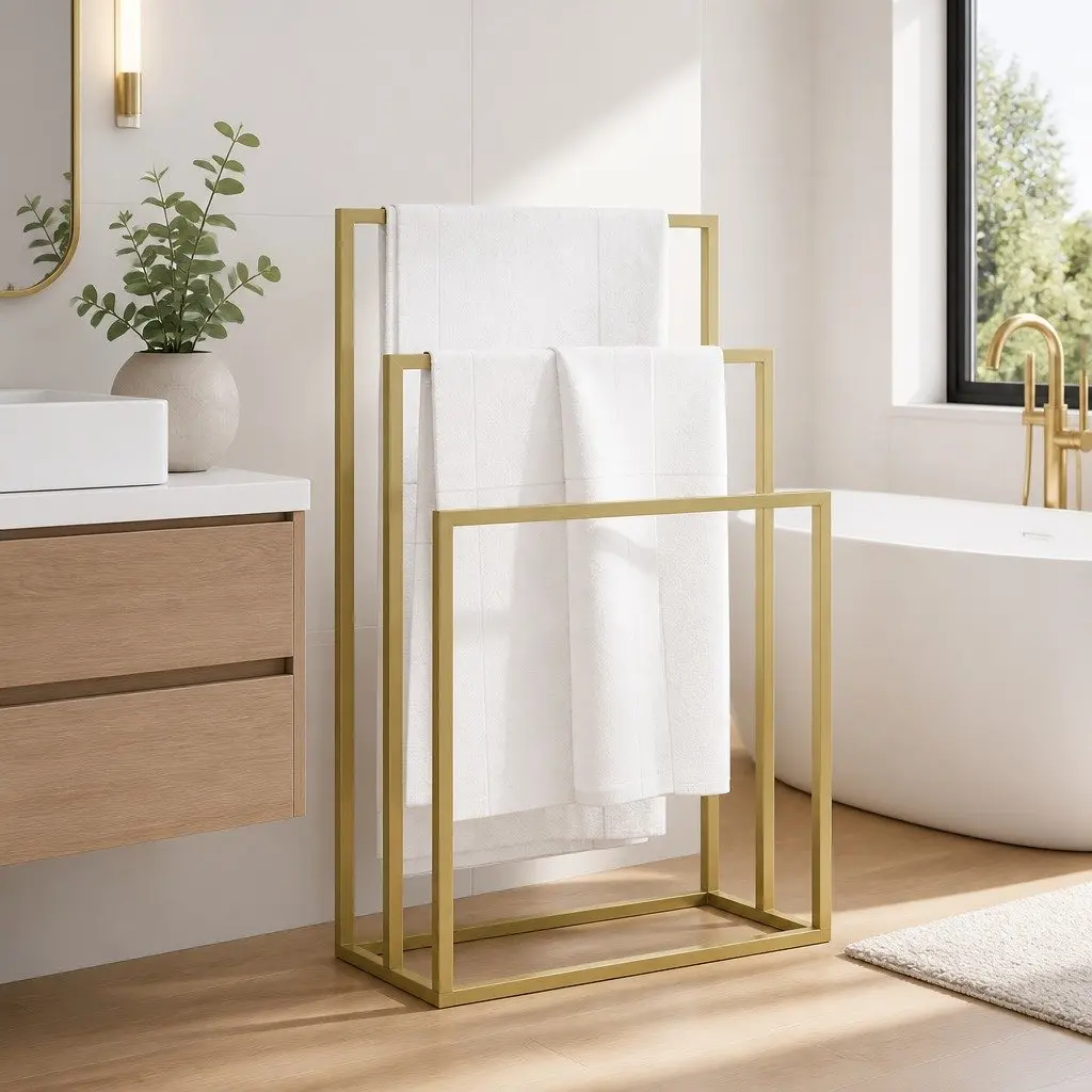 Freestanding Towel Rack 3 Tier Iron Gold Bathroom Storage Holder Stand Organiser