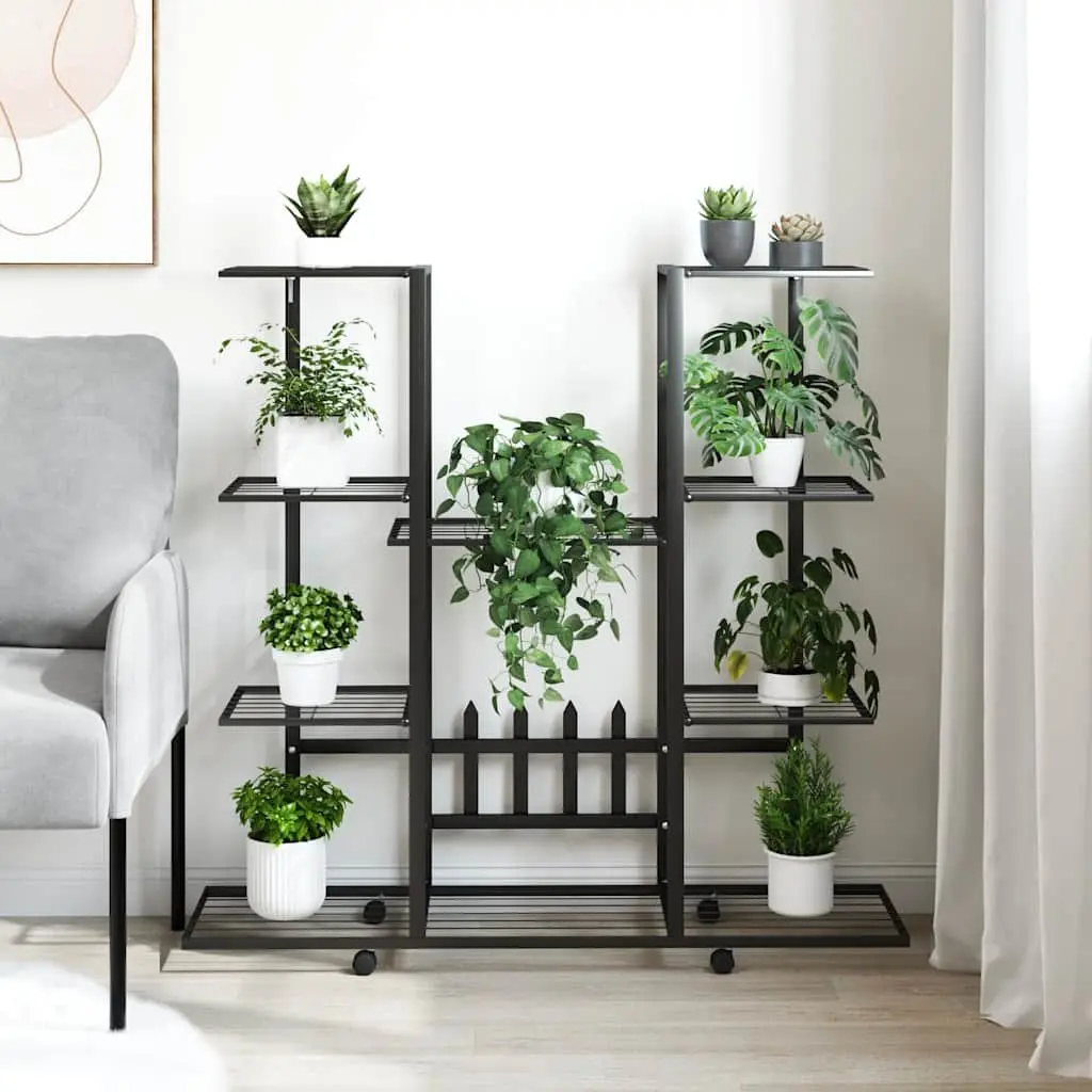 Plant Stand Black Iron Flower Display Shelf with Wheels