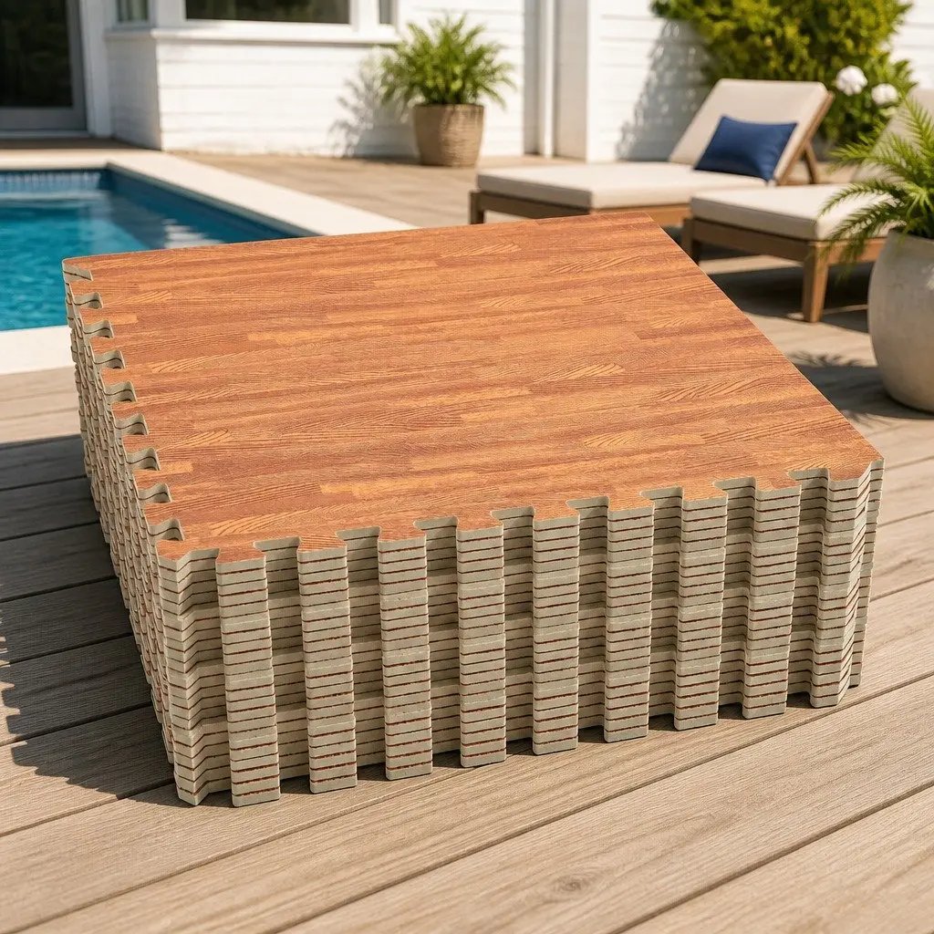 EVA Foam Pool Ground Mat Non-Slip Modular Interlocking Tiles 24 Pieces Brown