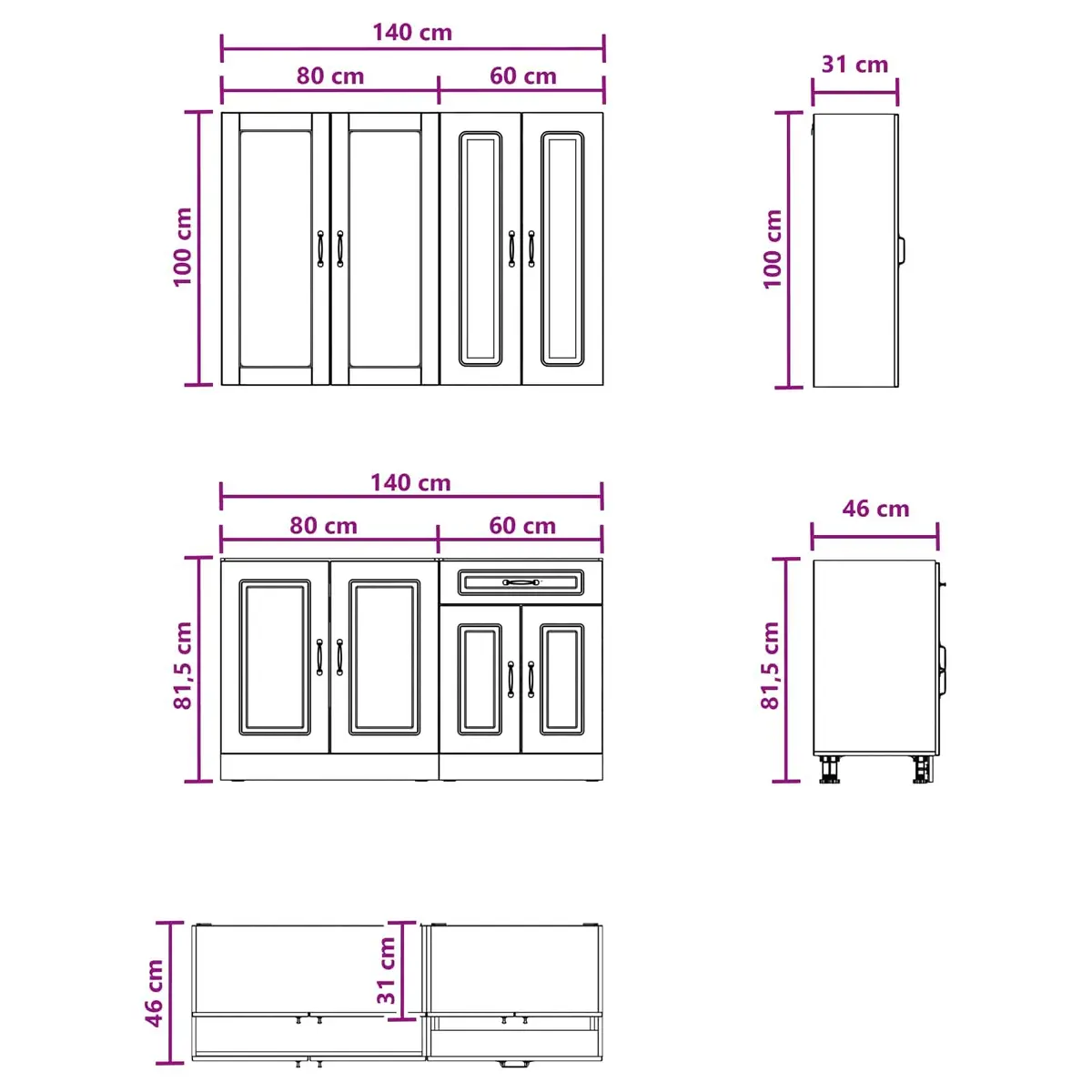 Kitchen Cabinet Unit 4 Piece Black Engineered Wood Storage Adjustable Feet Wall