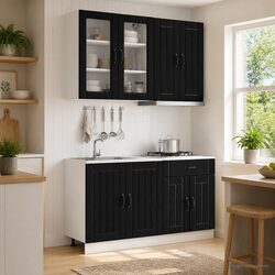 Kitchen Unit 4 Piece Engineered Wood Black Cabinets Storage Worktop Furniture