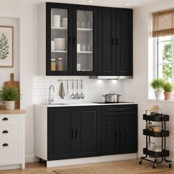 4 Piece Engineered Wood Black Kitchen Cabinet Set