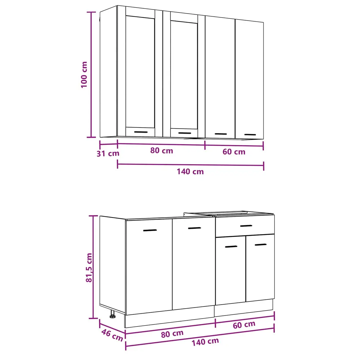 Kitchen Unit LYON 4 Piece White Engineered Wood Storage Cabinet Set Furniture
