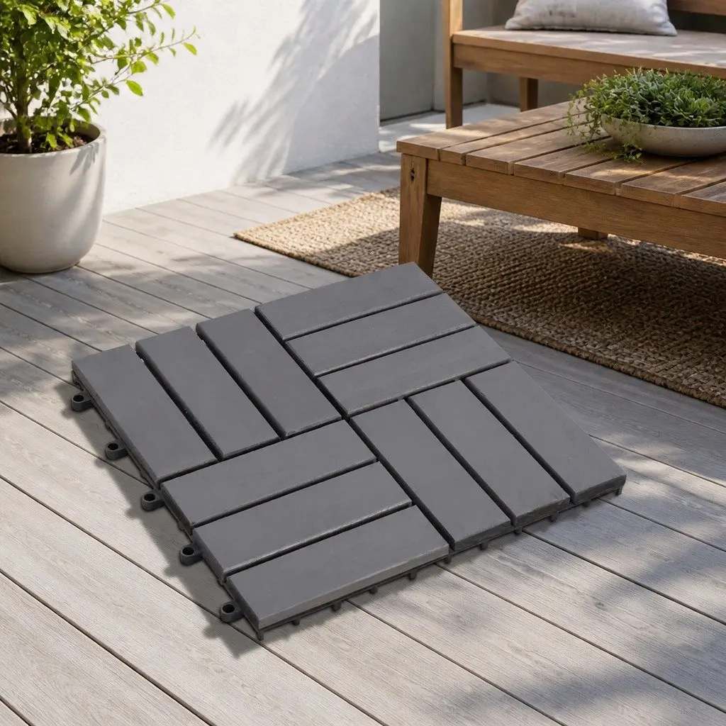 Decking Tiles Interlocking Outdoor Patio 30x30cm Grey Acacia Hardwood 30 Piece