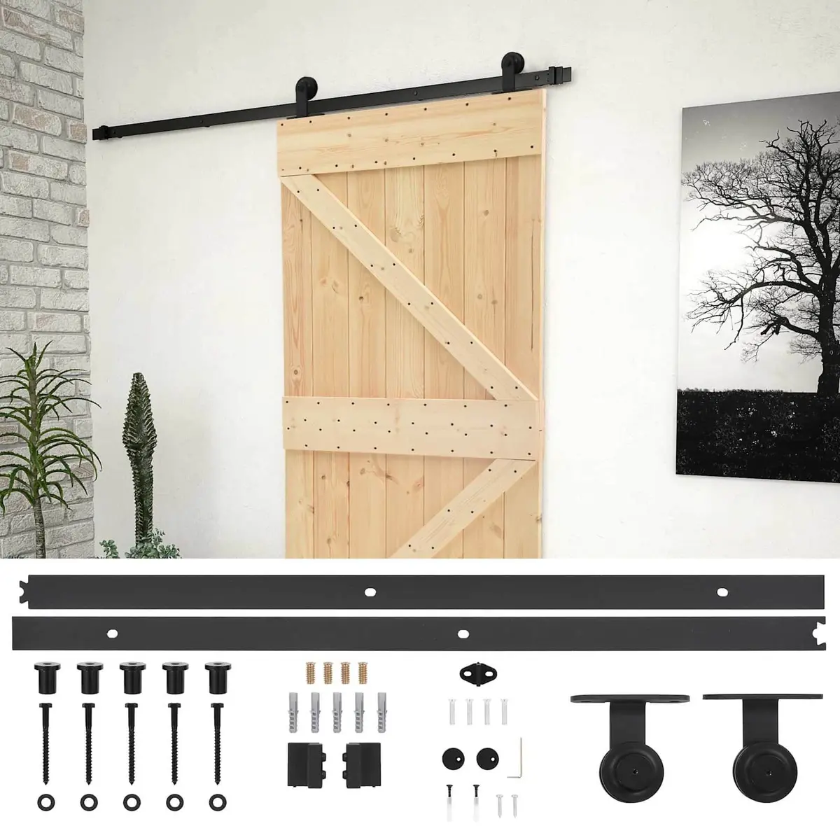 Sliding Door Solid Pine Wood Natural Brown Black 80 x 210 cm Modern Room Divider