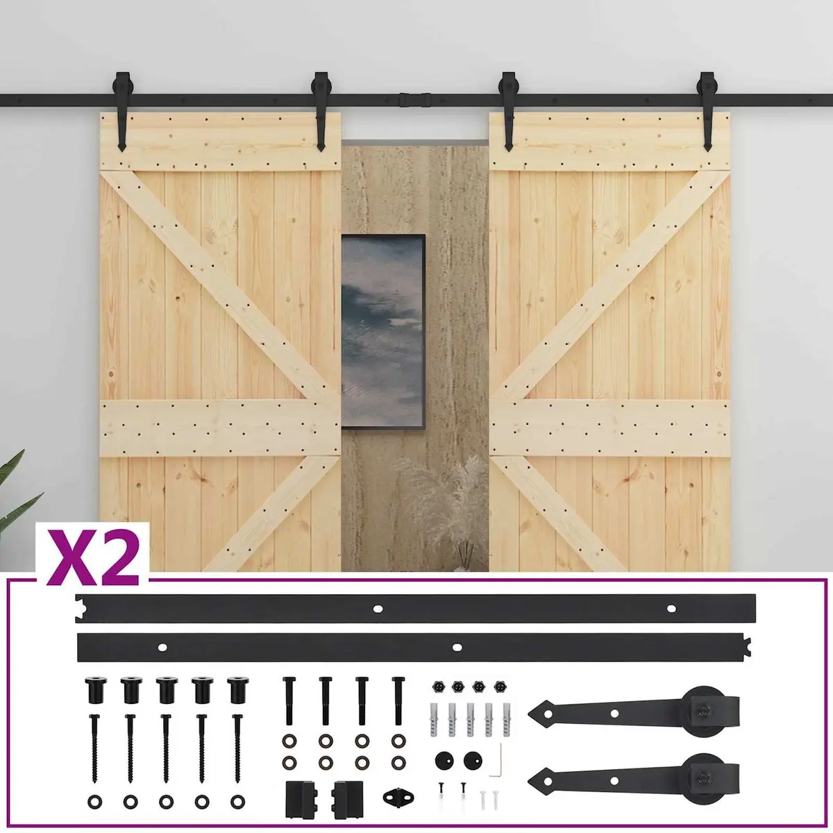 Sliding Door Solid Pine Wood Modern Interior Room Partition 2 pcs Natural Wood and Black