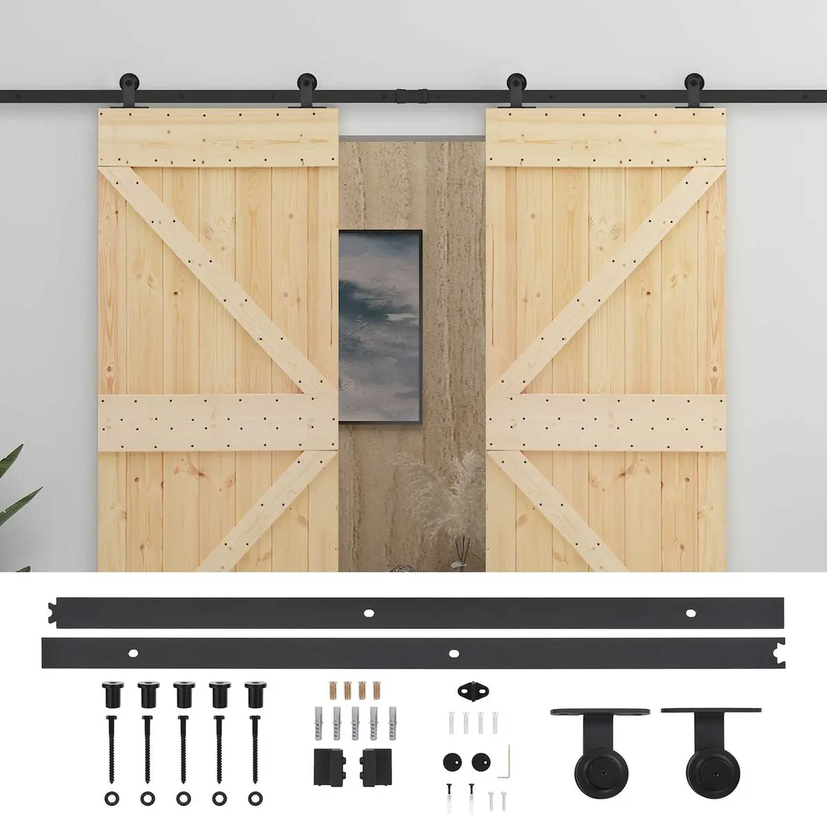 Sliding Door Space-Saving Modern Interior Room Divider 2 Pcs Natural Wood Black