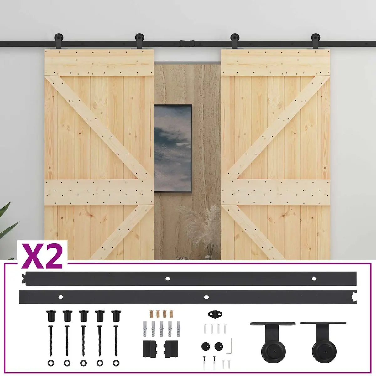 Sliding Door Space-Saving Modern Interior Room Divider 2 Pcs Natural Wood Black