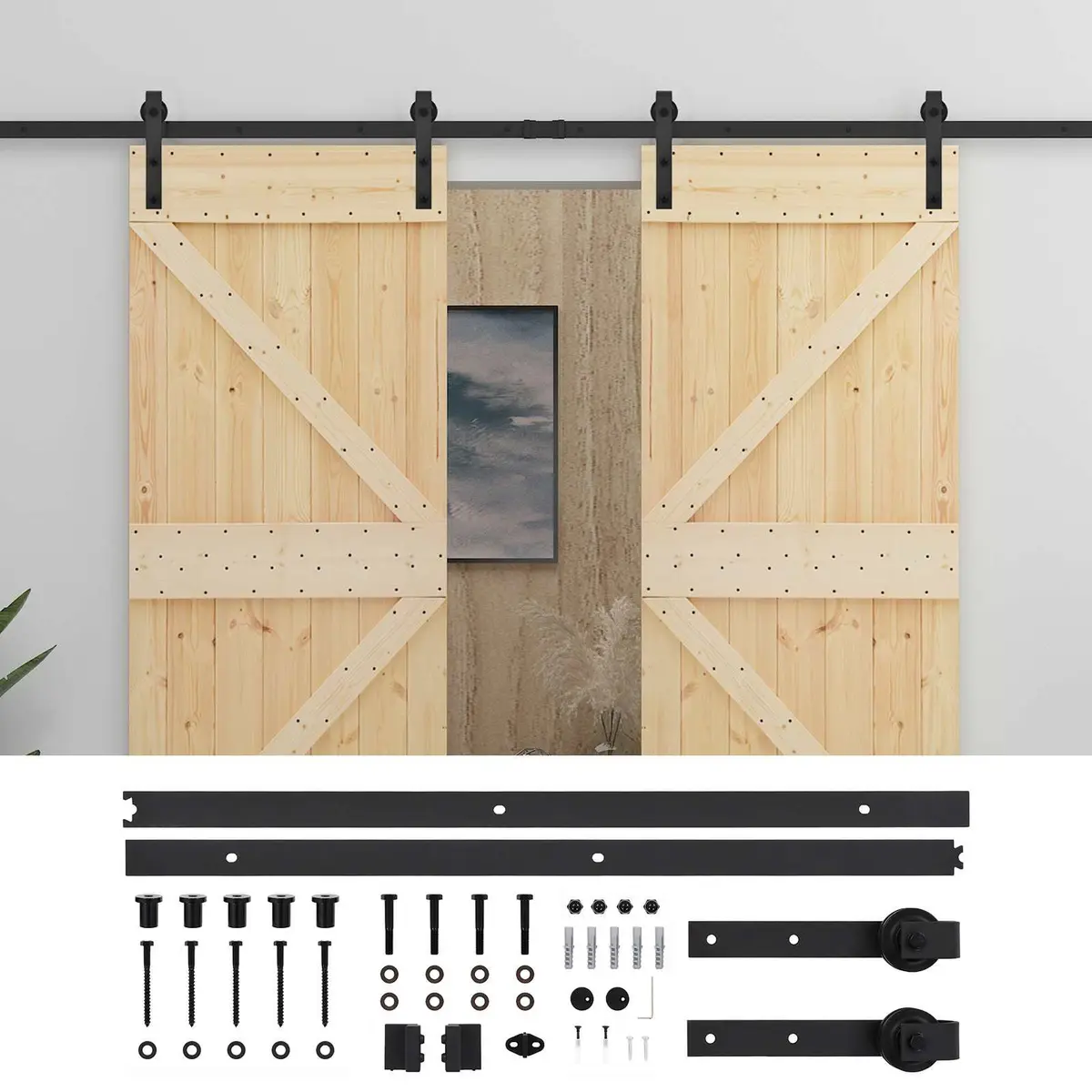 Sliding Door Natural Black Solid Pine Wood Modern Interior Room Divider 2 Piece