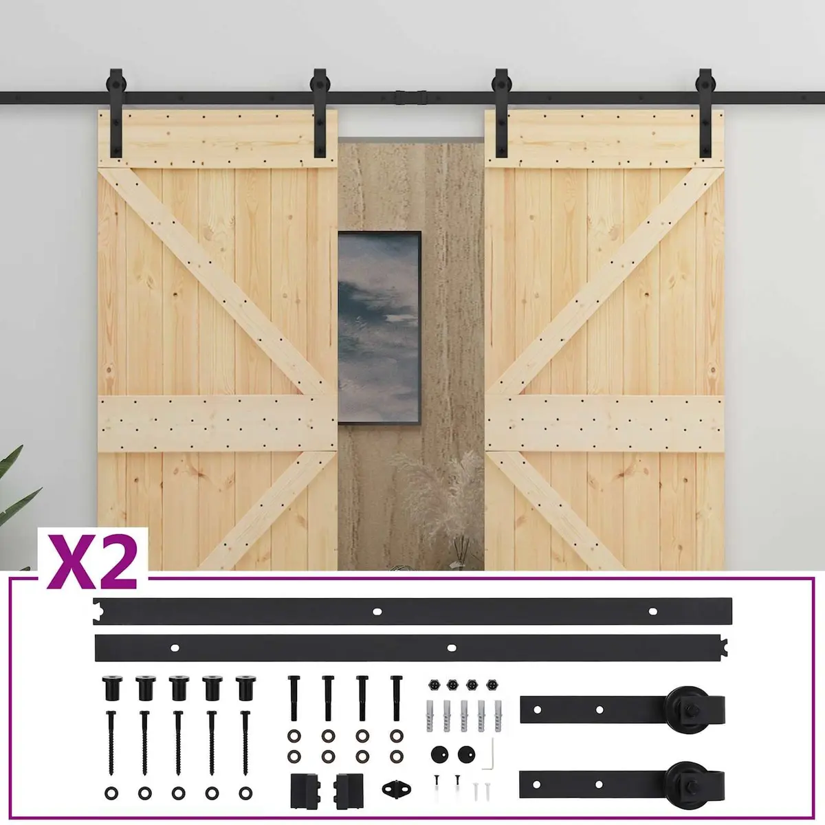 Sliding Door Natural Black Solid Pine Wood Modern Interior Room Divider 2 Piece