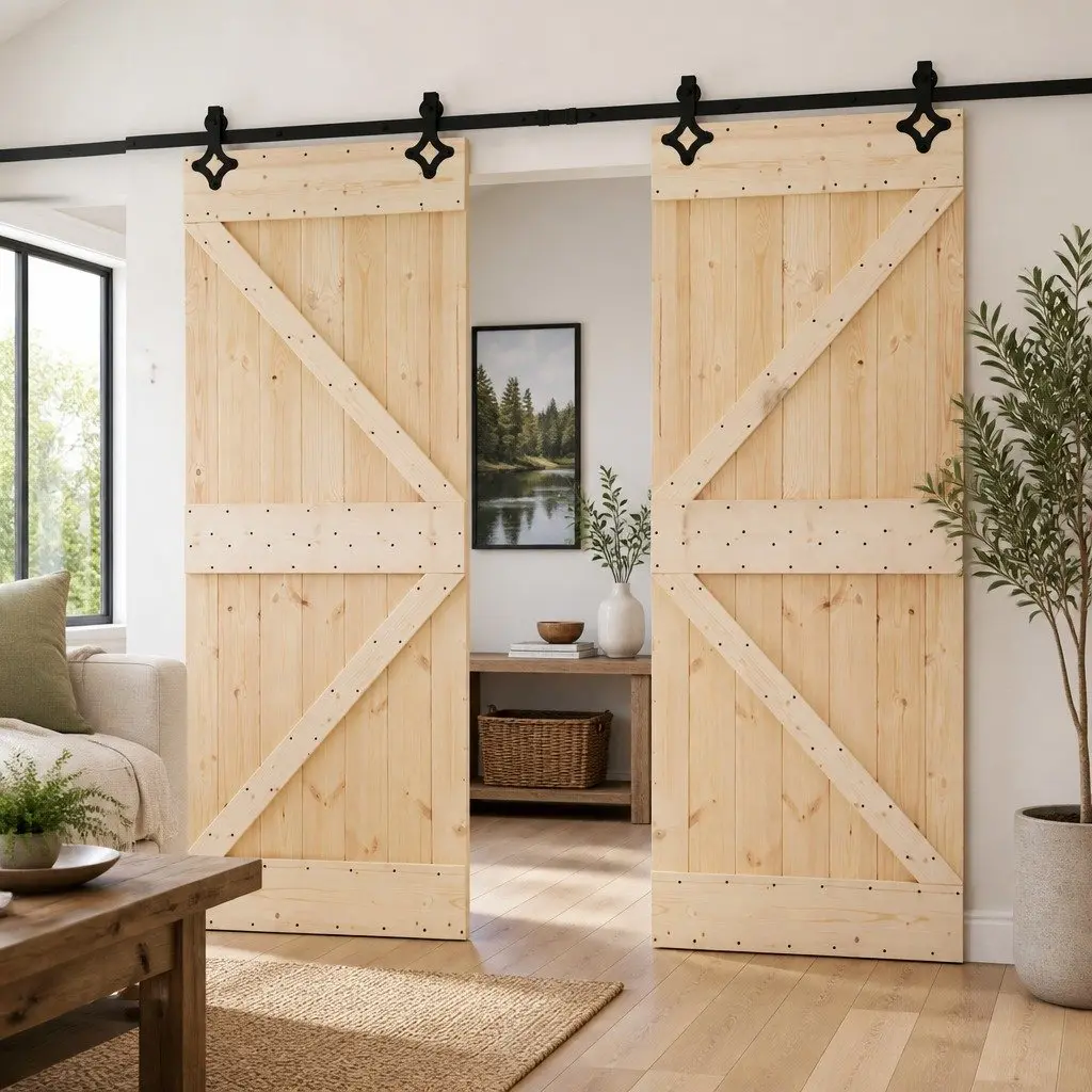 Sliding Door Natural Solid Pine Wood 2 pcs Modern Interior Room Divider