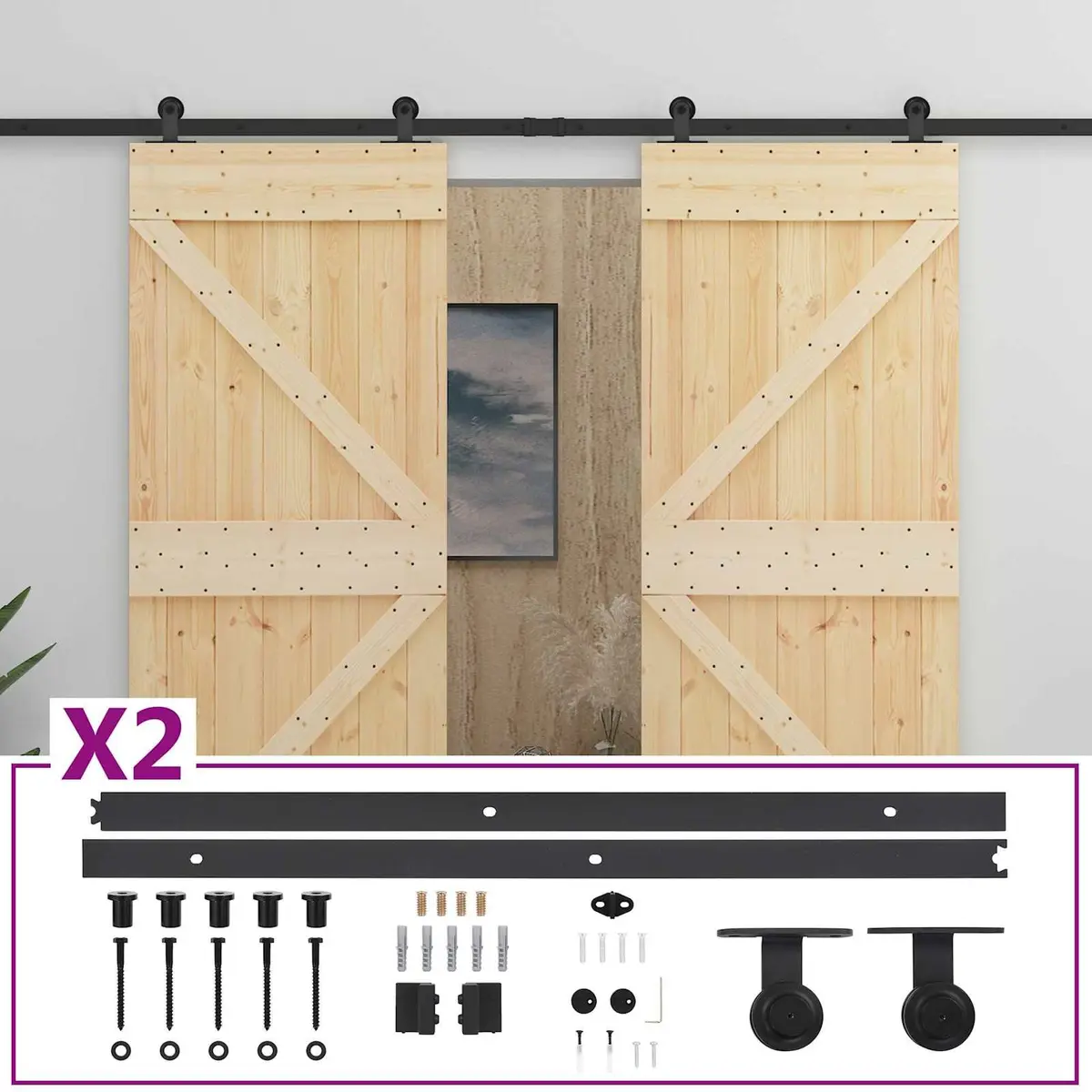 Solid Pine Wood Sliding Door Panels Modern Natural Black Room Divider 2 Pieces