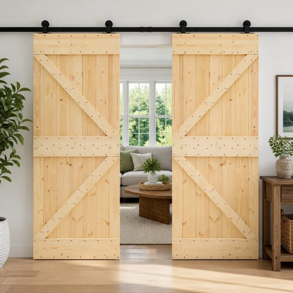 Sliding Door System Solid Pine Wood Modern Space-Saving 2 Pcs Brown