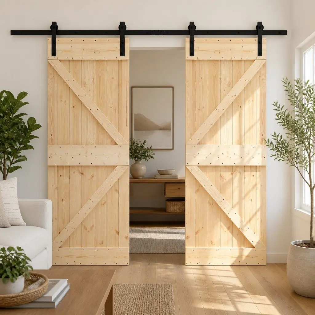 Sliding Door 2 Pcs Solid Pine Wood Modern Room Divider Space Saver Brown