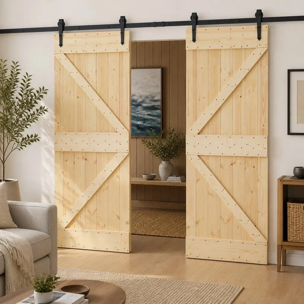 Sliding Door 90 x 210 cm Solid Pine Wood Brown Modern Interior Room