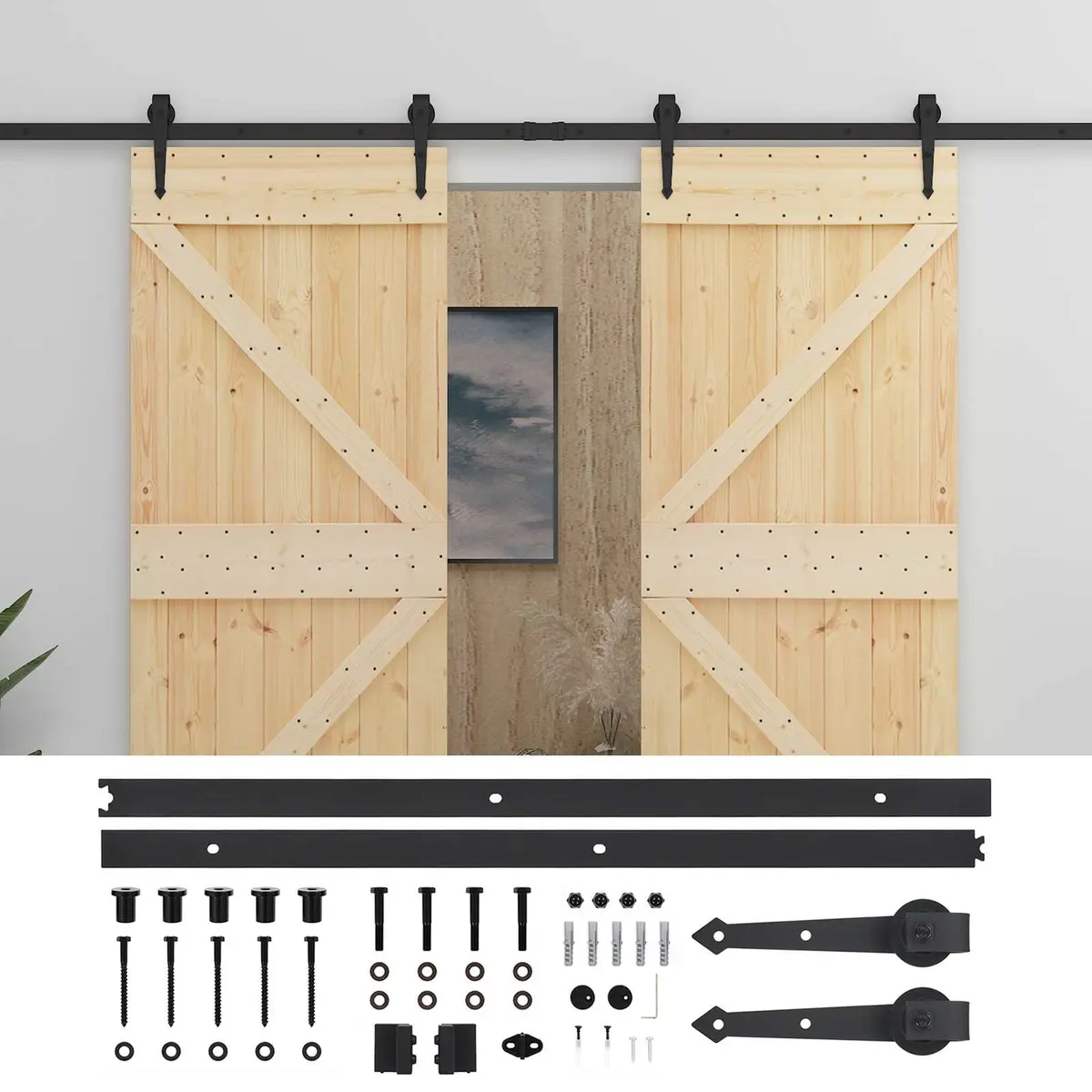 Sliding Door Space-Saving Room Divider 2pcs Solid Pine Wood Modern Brown Natural Black