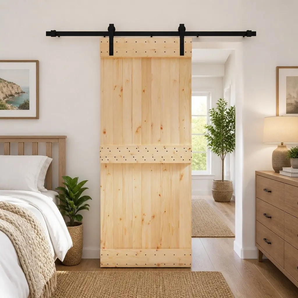 Sliding Door Solid Pine Wood Natural Black 85 x 210 cm Modern Space-Saving