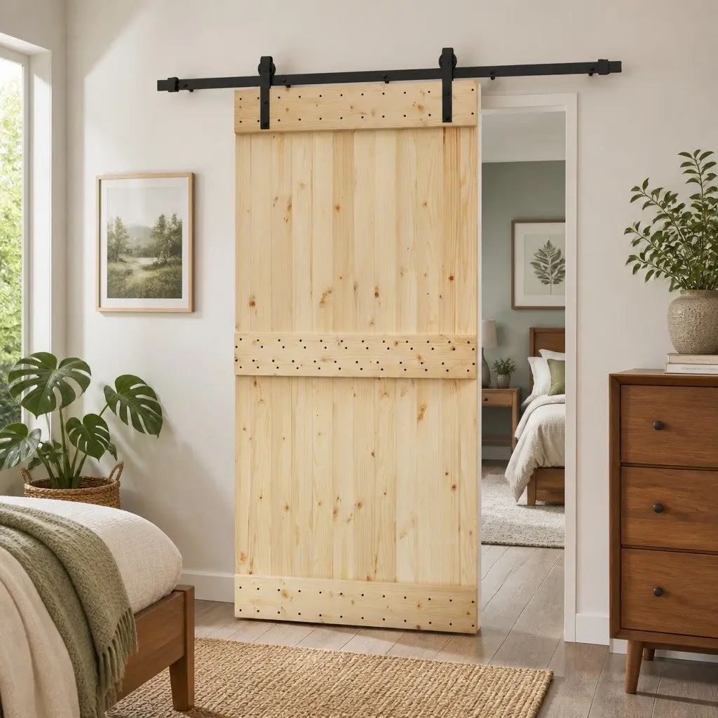 Sliding Door Natural Pine Wood 100 x 210 cm Black Frame Modern Room Divider